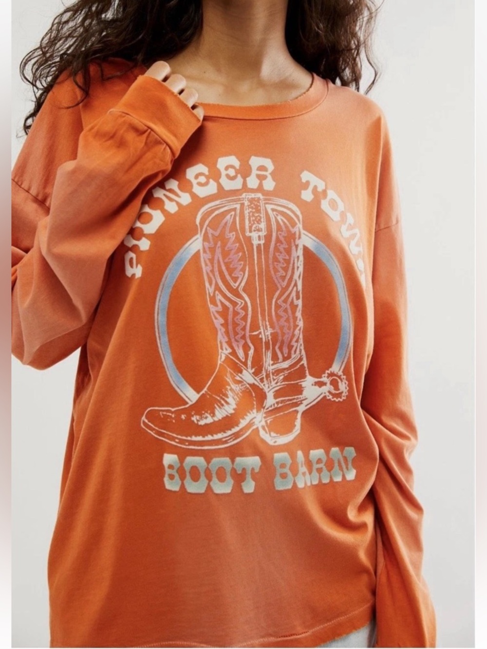 Free People X Daydreamer Distressed Orange Pioneer Town Western Graphic Tee Sz L